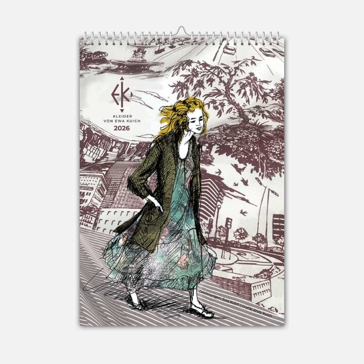 Titelseite des Wandkalenders 2025 mit farbiger Modeillustration von Ewa Kuich für Kleider von Ewa Kuich – kunstvoll gestaltet, limitierte Auflage.“