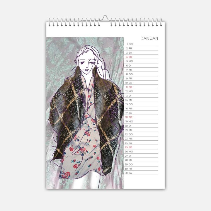 Modezeichnung Januar 2025 von Ewa Kuich – elegante Kleider von Kleider von Ewa Kuich.