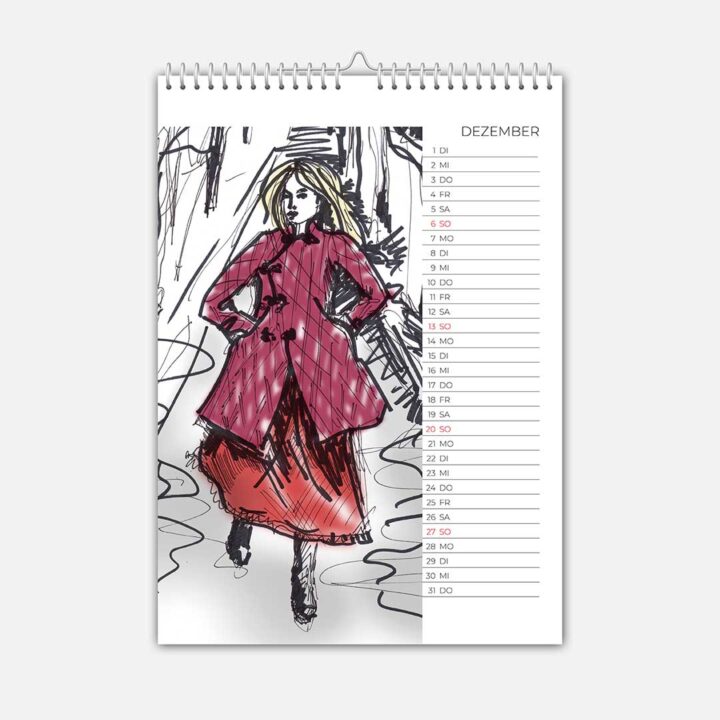 Modezeichnung Dezember 2025 von Ewa Kuich – festliche Kleider von Kleider von Ewa Kuich.